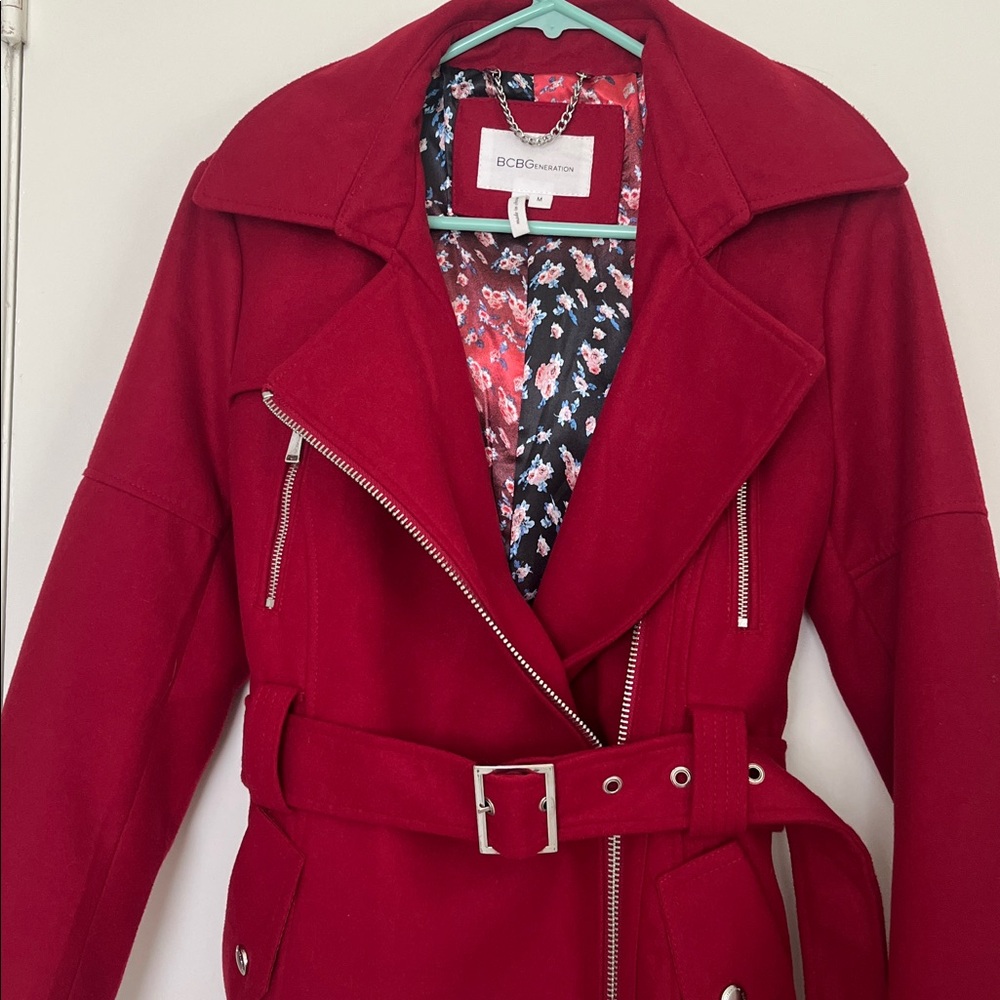 NWOT BCBGeneration red belted wool trench coat with detachable hood - Picture 5 of 6